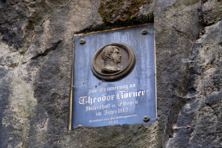 Loket, Czech Republic - August 10, 2023: Memorial plaque to Carl Theodor Koerner, a German poet and soldier who stayed in Loket in 1812.のeditorial素材
