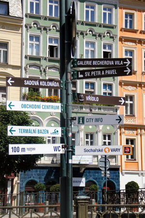 Karlovy Vary, Czech Republic - August 10, 2023: Toursit landmarks and historical houses in central part of world-famous spa resort Karlovy Varyのeditorial素材