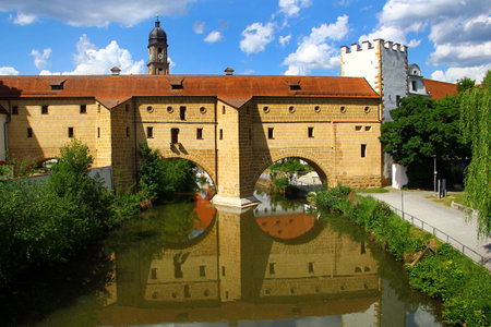 The Stadtbrille, or City Glasses Bridge over the Vils River in Amberg, Bavaria, Germanyの写真素材