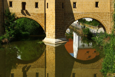 The Stadtbrille, or City Glasses Bridge over the Vils River in Amberg, Bavaria, Germanyの写真素材