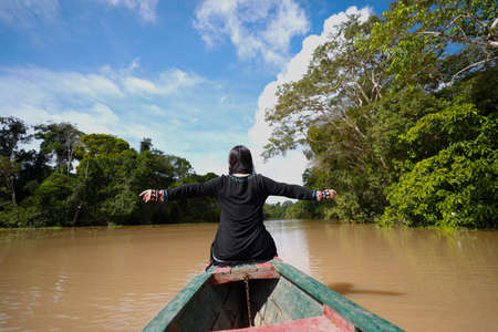 Peru, in South America, travels in the Amazon River basin. The main means of transportation is such Indian characteristic canoes.の写真素材