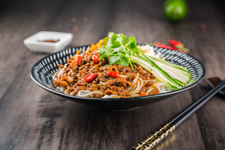 A bowl of stir fried noodleの写真素材