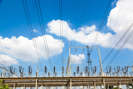 high voltage post.High-voltage tower sky background.