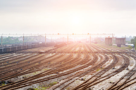 Cargo train platform at sunset with containerの写真素材