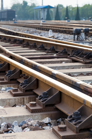 Railway in fog on station, outdoor landscapeの写真素材