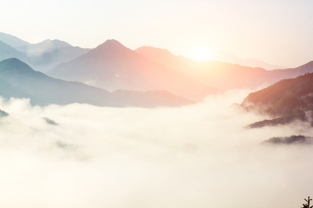 fog and cloud mountain valley landscape, chinaの写真素材