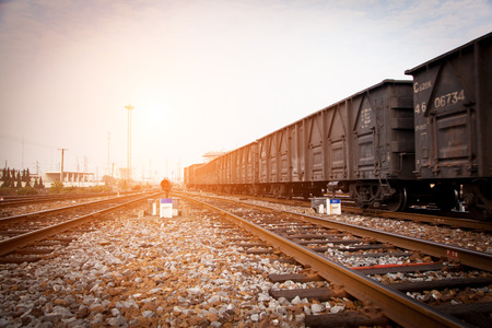 Railway in fog on station, outdoor landscapeのeditorial素材