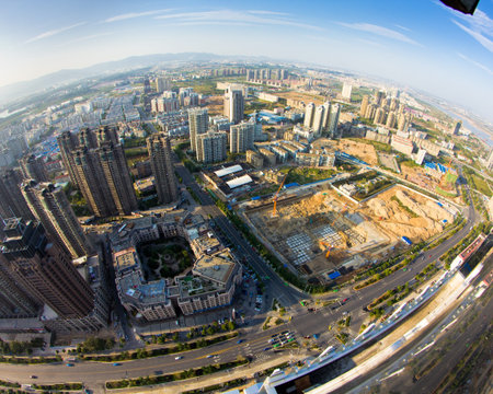 Overhead of the sunset over the cityの写真素材