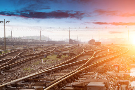 Cargo train platform at sunset with container