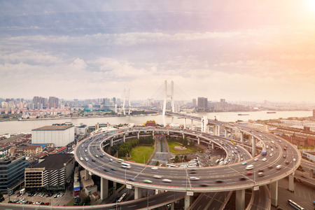 beautiful nanpu bridge at dusk ,crosses huangpu river ,shanghai ,Chinaのeditorial素材