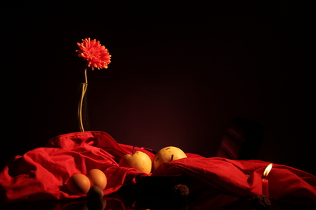 Pear, eggs ,flowers and red silkの写真素材