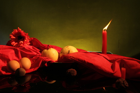 Pear, eggs ,flowers and red silkの写真素材
