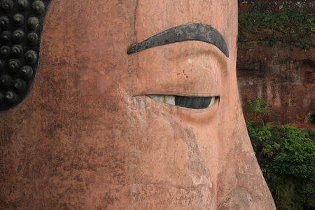 Close up of the face of Leshan Giant Buddhaの写真素材