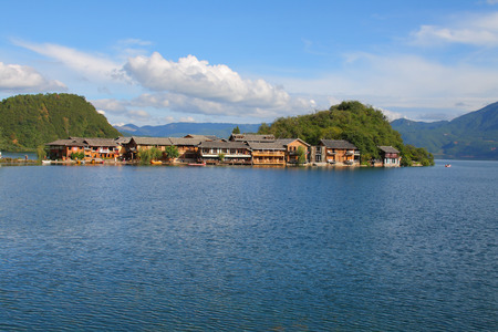 Lige island in the Lugu Lake, Yunnan, Chinaの写真素材
