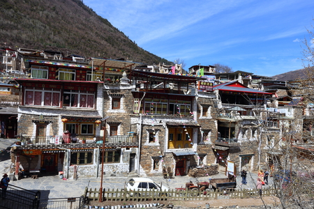 ABA, CHINA - APRIL 2: Traditional Tibetan folk residence buildings in a well preserved village, Xisuo, Sichuan, China, April 2, 2016のeditorial素材