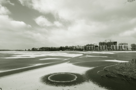 circular pattern on the ice, in the river, winter, Chinaの写真素材