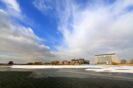 circular pattern on the ice, in the river, winter, Chinaの写真素材
