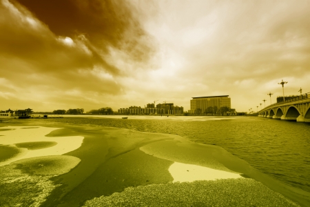 building and bridge in the snow, cold winter, Chinaの写真素材