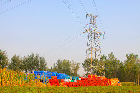 oil drums and electricity tower in a storage area 