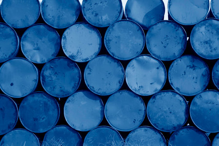 oil drums stacked together in a yard, north chinaの写真素材