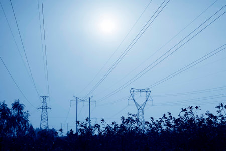 electric tower in the sky, steel power transmission facilitiesの写真素材