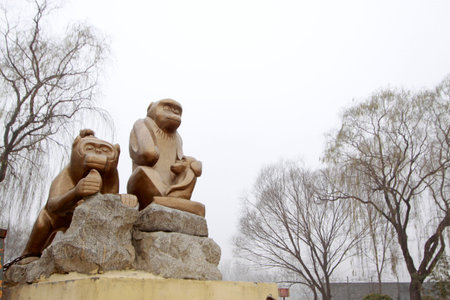 CANGZHOU - DECEMBER 8: The stone carving monkeys in the WuQiao acrobatics world scenic spots, on december 8, 2013, cangzhou, hebei province, China. のeditorial素材