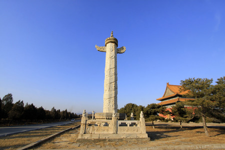 memorial hall and the ornamental columns erected in front of tombs building landscape, in the Eastern Tombs of the Qing Dynasty, on december 15, 2013, ZunHua, hebei province, China. のeditorial素材