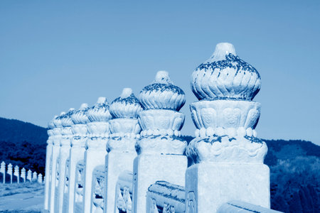 ancient Chinese traditional style of white marble stone bridge railings, in the Eastern Tombs of the...