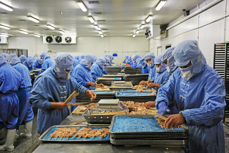 Workers in a meat processing production line, in a food processing enterprise, on December 20, 2013, tangshan city, hebei province, China. 
のeditorial素材