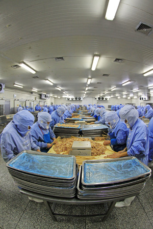 Workers in a meat processing production line, in a food processing enterprise, on December 20, 2013, tangshan city, hebei province, China. 
のeditorial素材