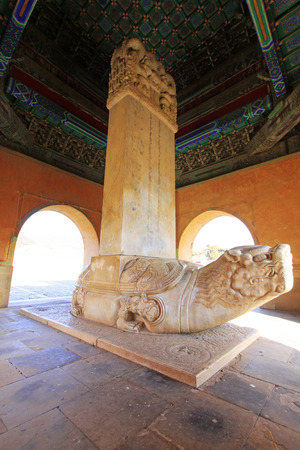 The huge stone turtle carrying a stone huge tablet, in the Eastern Tombs of the Qing Dynasty, on december 15, 2013, ZunHua, hebei province, China. のeditorial素材