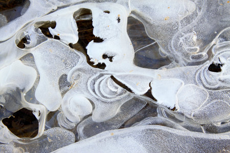 Winter ice texture on the surface of the river, closeup of photo