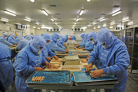 Workers in a meat processing production line, in a food processing enterprise, on December 20, 2013, tangshan city, hebei province, China. 
のeditorial素材