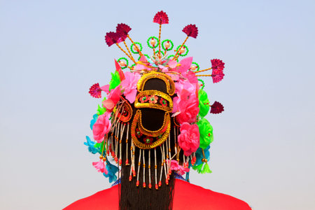 women head decoration in yangko, during the Chinese Lunar New Year, Luannan County, Hebei Province, China.の写真素材