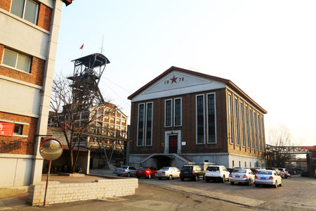 TANGSHAN - JANUARY 2: The mine hoist house architectural appearance, in the Kailuan national mine park, on January 2, 2014, tangshan city, hebei province, China.のeditorial素材