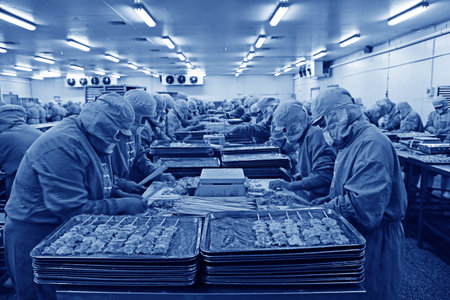 Workers in a meat processing production line, in a food processing enterprise, on December 20, 2013,...