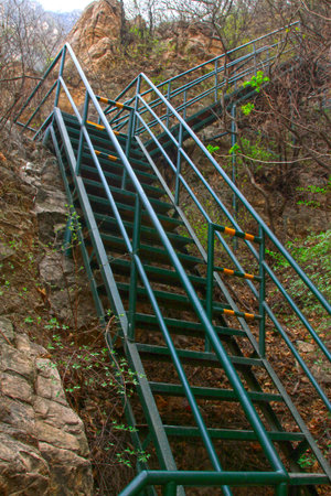 stone forest canyon scenic spot metal plank road, beijing, chinaの写真素材