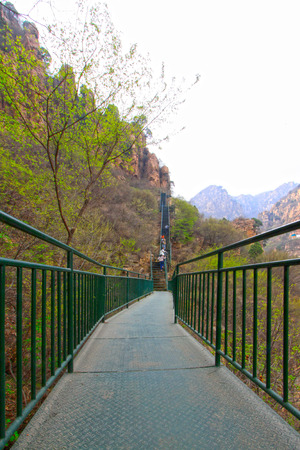 stone forest canyon scenic spot metal plank road, beijing, chinaの写真素材