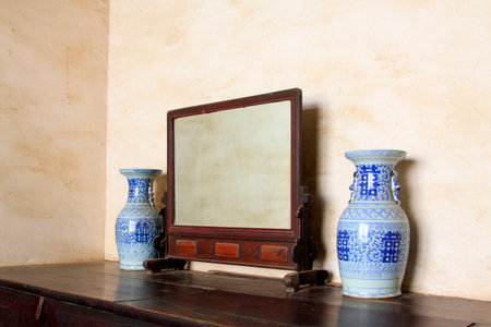 Traditional Chinese style furniture, mirrors and glass liner, in Chinese rural areasの写真素材