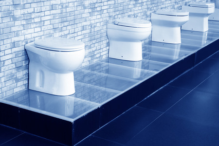 Ceramic toilet display in a hall, closeup of photoの写真素材