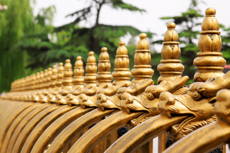 CHINA - MAY 25 : yellow metal dragon head modelling fence, in the China national museum, on may 25, 2014, Beijing, China. のeditorial素材