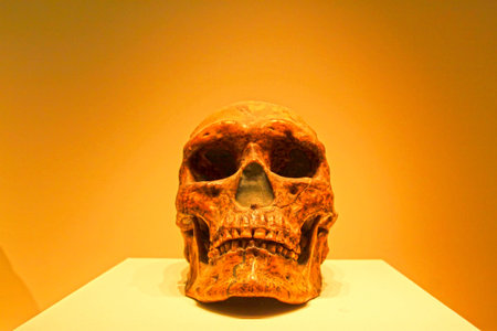 BEIJING,CHINA - UPPER PALEOLITHIC (CIRCA 30,000 YEARS AGO) : Upper Cave Man Skull(replica), upper paleolithic (circa 30,000 years ago), collection in the China national museum, Beijing, China.  のeditorial素材