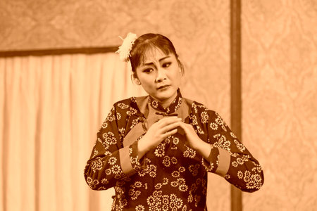 LUANNAN COUNTY - NOVEMBER 25: The ancient costume PingJu " Yang Sanjie Tell on " still in the ChengZhaoCai grand theater, on november 28, 2013, luannan county, hebei province, china.のeditorial素材