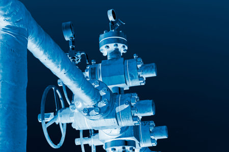 green insulation pipes and red valve, workplaces in the field, north chinaの写真素材