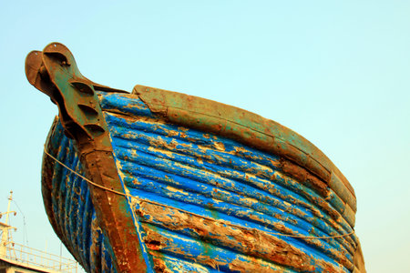 Wooden fishing boat keel, closeup of photoの写真素材