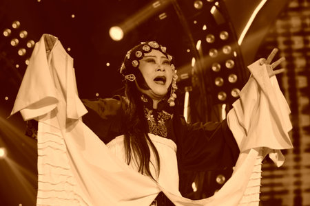 LUANNAN COUNTY - JANUARY 6: The PingJu Qin Xianglian image on the stage, in the ChengZhaoCai grand theater, January 6, 2014,luannan county, hebei province, china.のeditorial素材