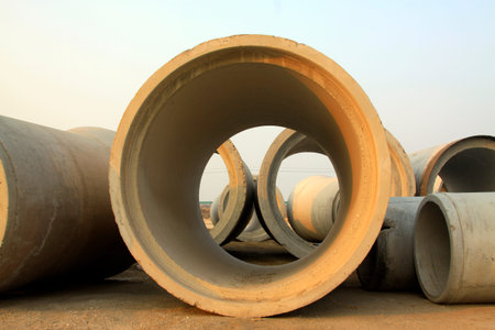 cement concrete prefabricated pipings, closeup of photoの写真素材