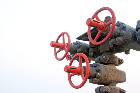 Petroleum machinery equipment pipes and valves, closeup of photoの写真素材