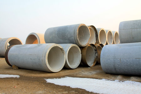 cement concrete prefabricated pipings, closeup of photoのeditorial素材