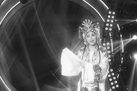 LUANNAN COUNTY - JANUARY 7: The girl dressed in yellow singing PingJu on the stage, in the ChengZhaoCai grand theater, January 7, 2014,luannan county, hebei province, china.のeditorial素材